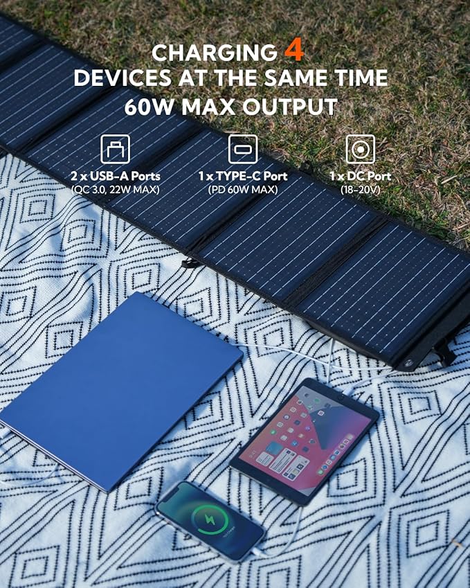 Portable Solar Panel, LUMOPAL 60W Foldable Solar Panels Folding Solar Charger with PD60W USB C QC3.0 USB A Output Waterproof for Camping Backpacking Compatible with Phone Laptop Portable Power Station