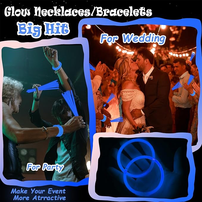 100 pk 8" Glow Sticks Bulk Party Favors, Light up Glow Necklaces & Bracelets in the Dark Party Supplies For Christmas Halloween 4th of July Birthday Neon Party (100 * Blue)