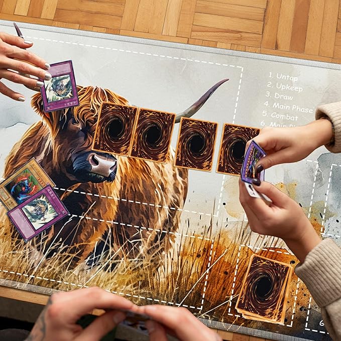 Playmat for MTG with Zones, 24 x 14 inches Game Play Mat for MTG TCG, Trading Card Game Play Mat Desk Mats with Stitched Edges Non-Slip Base, Brown Cow