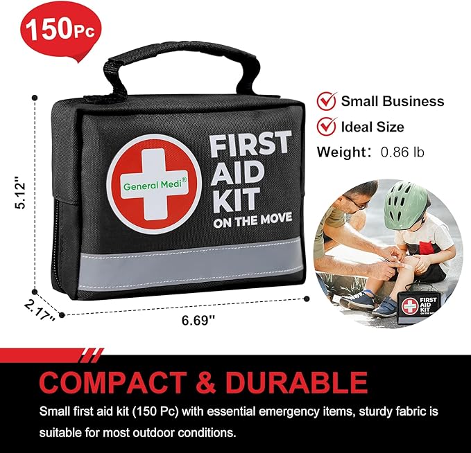 General Medi First Aid Kit - 150 Pieces Small Compact First Aid Kit Bag - Includes Instant Cold Pack, Emergency Blanket for Travel, Home, Office, Vehicle, Camping