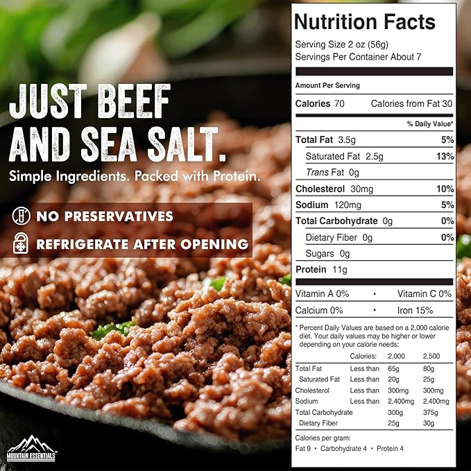 MOUNTAIN ESSENTIALS Ground Beef 14 Oz Fully Cooked Ready to Eat Hamburger Meat Emergency Survival Bulk Food Storage Canned Meat Perfect for Quick Meals 5 Years Shelf Life Made in USA Pack of 6