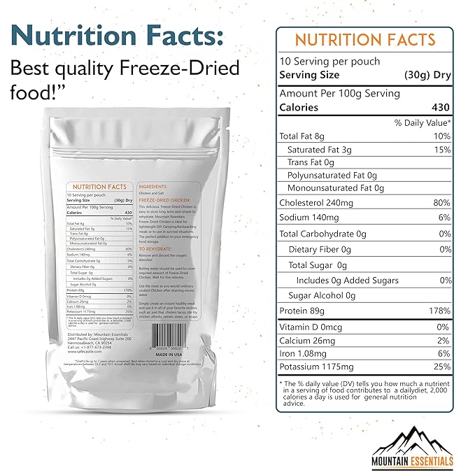 MOUNTAIN ESSENTIALS Freeze-Dried Diced Chicken ??Fully Cooked and Ready to Eat | Everyday Pantry Staple for Meal Prep, Camping & Emergency Survival | Premium Quality Meat | 10 Servings per Pouch | Made in USA | 7-Year Shelf Life | Pack of 1