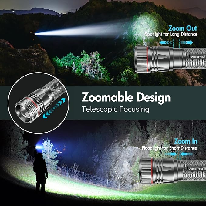 WdtPro Rechargeable Flashlights High Lumens, 2 Pack Super Bright LED Small Tactical EDC Flashlight with 10H Runtime, Portable Flash light for Camping, Home, Emergency Essentials Grey(Battery Included)