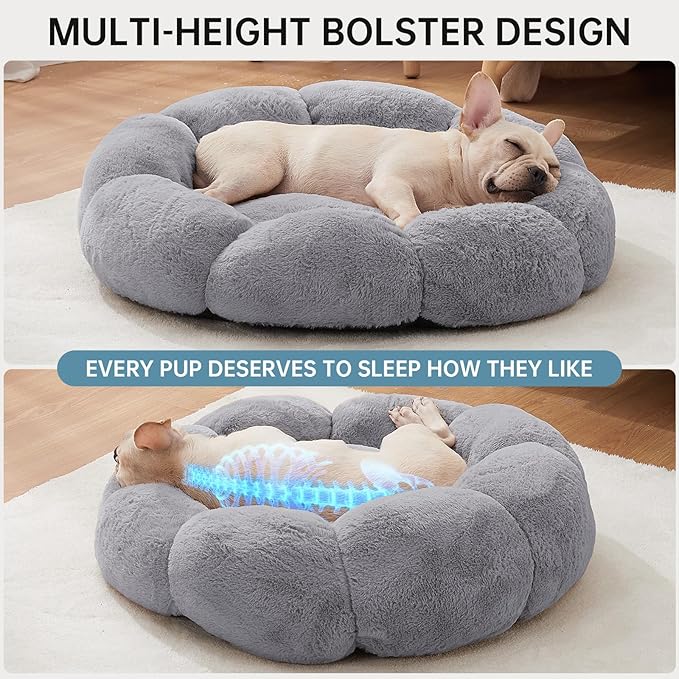 OhGeni 31 inches Calming Donut Orthopedic Dog & Cat Bed for Medium Pets, Warming Comfort Fluffy Short Pile Fur, Durable Waterproof Machine Washable Removable Cover, Round Bed for Puppy, Light Gray