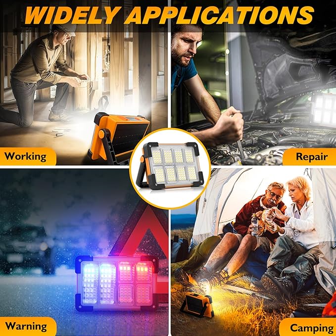 120W Solar Rechargeable Work Light, 144 LED 10000LM Led Work Light with 4 Modes, Portable Flood Light with Stand, IP66 Waterproof Outdoor Working Light for Emergency Mechanic Camping Repair (Yellow)
