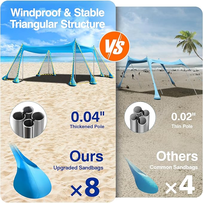 Rhino Valley Beach Tent Shade Canopy UPF50+ Protection, 8 Sandbags, 4 Stability Poles, Outdoor Sun Shelter Umbrella for Sand, Camping, Fishing Essentials