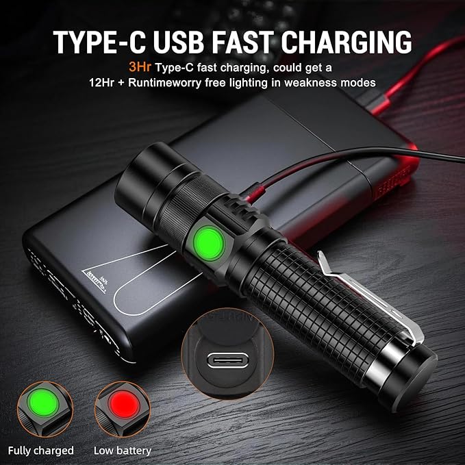 LED Tactical Flashlight Rechargeable - One Click SOS, Super Bright Small LED Flashlight 3Hr USB-C Fast Charging, Waterproof Pocket-Size Small EDC Flashlight for Home, Camping, Emergency, Hiking
