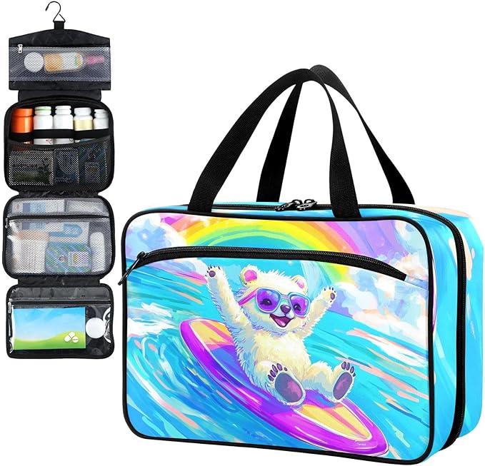 Fustylead Happy Bear Floating on Surfboard Travel Medicine Storage Bag Large Household Pill Bottle Organizer with Zipper for First Aid, Pills, Vitamins, Medical Supplies