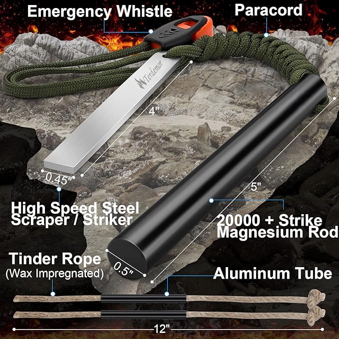 Ferro Rod Fire Starter Kit – 5" Flint and Steel with Two Waxed Tinder Cord & Paracord for Camping, Hiking, Outdoor Survival, Emergency Preparedness