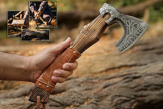13??Inch Viking Axe- Ash Wood Handle Hatchets and Axes with Leather Wrap, Wood Splitting Axe, Camping Axe, Throwing Axes and Tomahawks - Gift for Father?™s Day, Husband(Rare Viking)