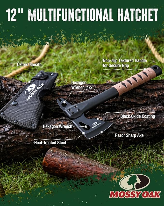 MOSSY OAK 12" Camping Axe and Survival Hatchet with Sheath, Compact Outdoor Multitool Hatchet with Hex Wrench Slots, Non-Slip Dual-Color Handle, Small Camping Gear for Hiking, Chopping, Hunting