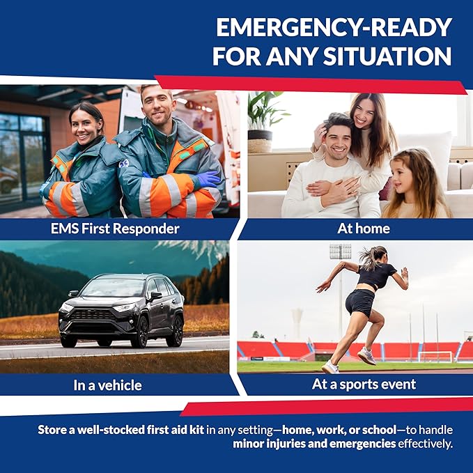Fully Stocked Trauma First Aid Kit ??First Responder II Bag with Tools, Gauze, Bandages, Scissors & Gloves ??Compact & Portable ??OSHA and ANSI Compliant ??Blue