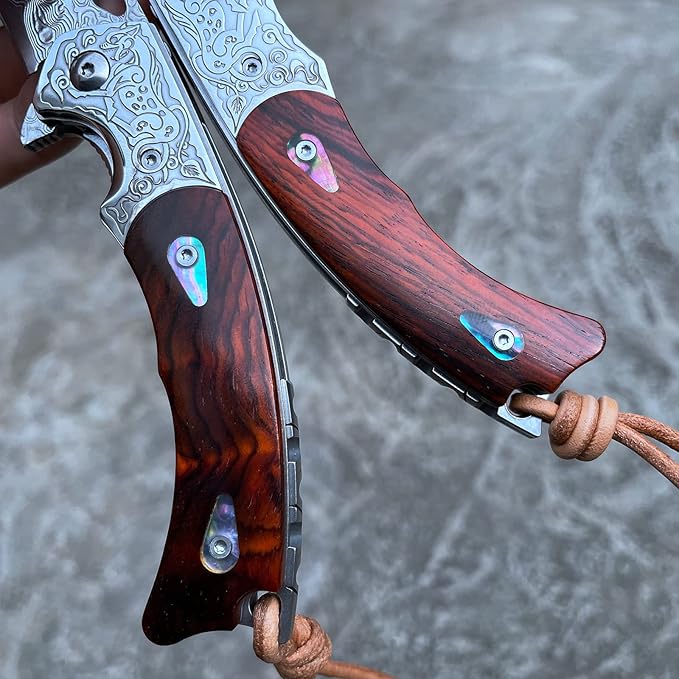 Handmade knife Japanese VG10 Damascus Steel Folding Knife,Rosewood Liner Lock Handle,EDC Pocket Knives for Men Outdoors Camping Fishing