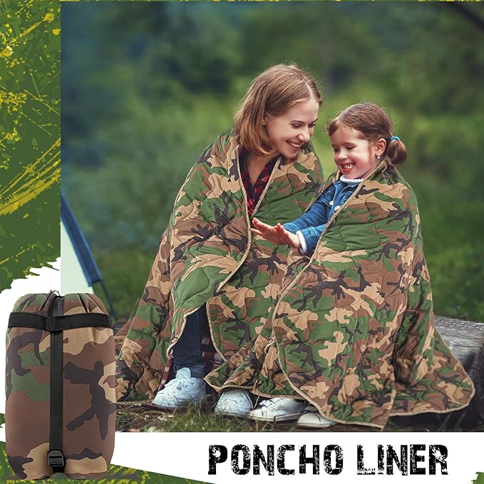 Barydat 80 x 60 Inch Woobie Military Poncho Liner Woobie Blanket Waterproof Thermal Poncho Liner with Bag Camo for Outdoor Camping Hunting Hiking