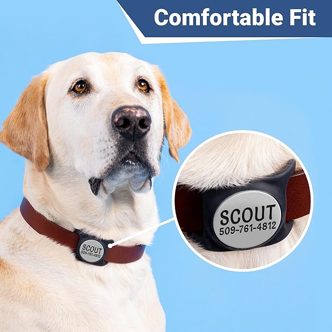 GoTags Personalized AirTag Dog Collar Holder, Engraved Tracker Case for Pet Collar, Custom Text with Phone Number, Slide On Tag for GPS Nameplate, Track Dogs with Apple iPhone, 4 Colors (Large)