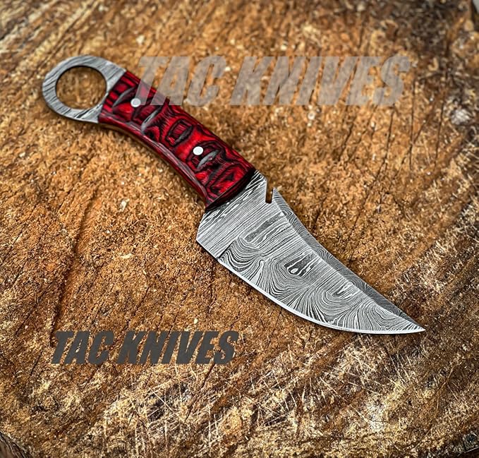 Bushcraft Survival Knife12T27 Damascus Steel Fixed Blade outdoor Knife - Pancake Leather Sheath - Traditional Field Knife for Camping Knife, Fishing, Hunting Knife, (RED)