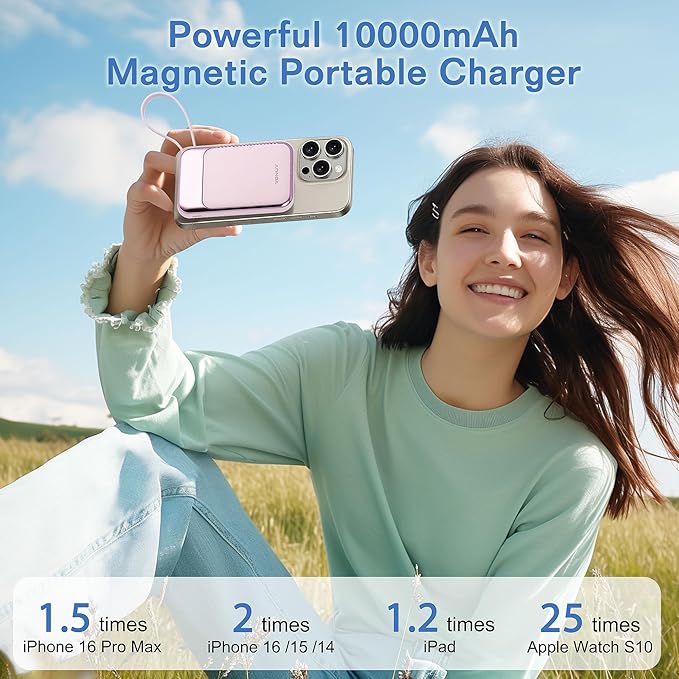 Magnetic Power Bank 10000mAh, Wireless Portable Charger with 15W Max Fast Charging & Built-in USB-C Cable, 22.5W PD LED Display Battery Pack Compatible with iPhone 16/15, Samsung Galaxy(Pink)