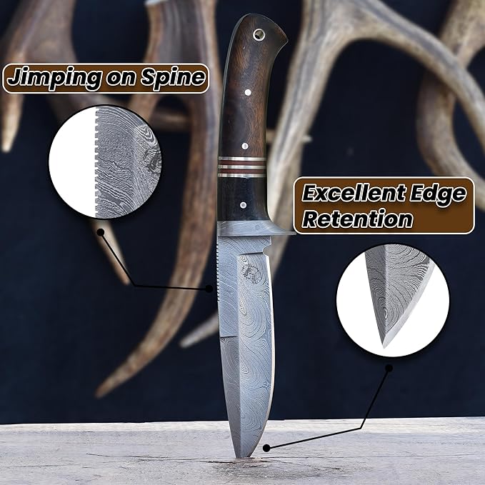 Knives Ranch Handmade 9-3/4" Hunting Knife - Full Tang Construction - Excellent Edge Retention - Rosewood Handle - Genuine Leather Sheath (3052-IRW)
