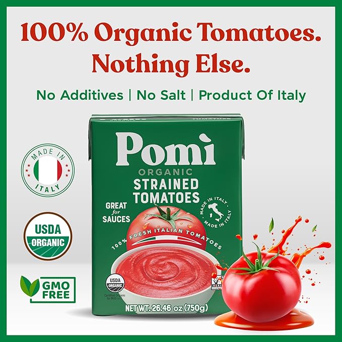 Pomì Organic Strained Tomatoes 26.46oz (Pack of 12)- Creamy, Velvety Puree - 100% Fresh Italian Tomatoes, Made in Italy - No additives, Kosher, Non-GMO, BPA-Free Carton, USDA Certified Organic
