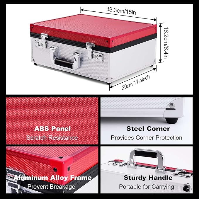 Kabinka Toploader Storage Box for 3" X 4" 35pt Rigid Card, Trading Card Storage Box with Combination Lock, Top Loader Storage Hard Case for Baseball Sports Cards (Holds 600+ Toploaders, Silver Red)