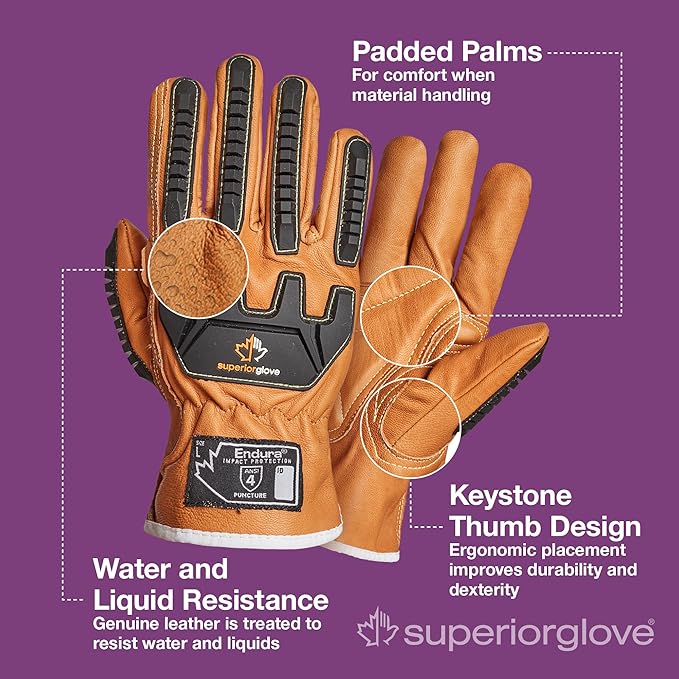 Superior Glove Endura Impact and Water Resistant Leather Work Gloves for Hand Safety Protection - 378GKVSB X-Large (Pack of 1 Pair)