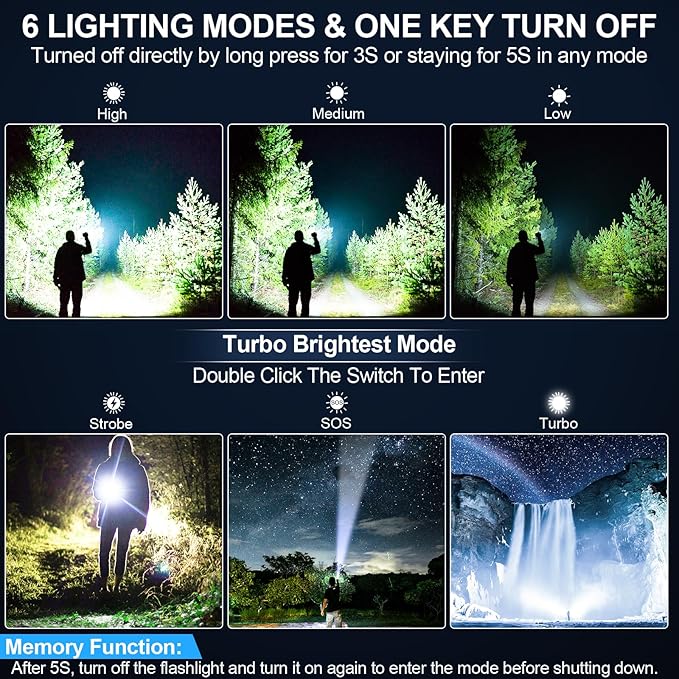 Flashlights High Lumens Rechargeable, Super Bright Long Range Small Powerful Flashlight, 6 Modes LED Tactical Pocket Waterproof Flash Light for Home Emergency (2, Blue)