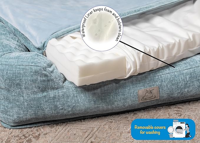 Furry's Paradise Foam Cuddler Waterproof Bolster Pet Bed with Reversible Cushion, Recycled Fibers and Non-Slip Bottom. (Shallow Seas, Orthopedic Large)