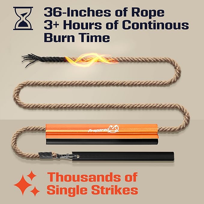 Fire Starter Survival Tool - All-in-One Flint and Steel Fire Starter Kit - Ferro Rod Fire Starter with 36" Waterproof Tinder Wick Rope and Steel Fire Striker - Patented Firestarter | Prepared4X