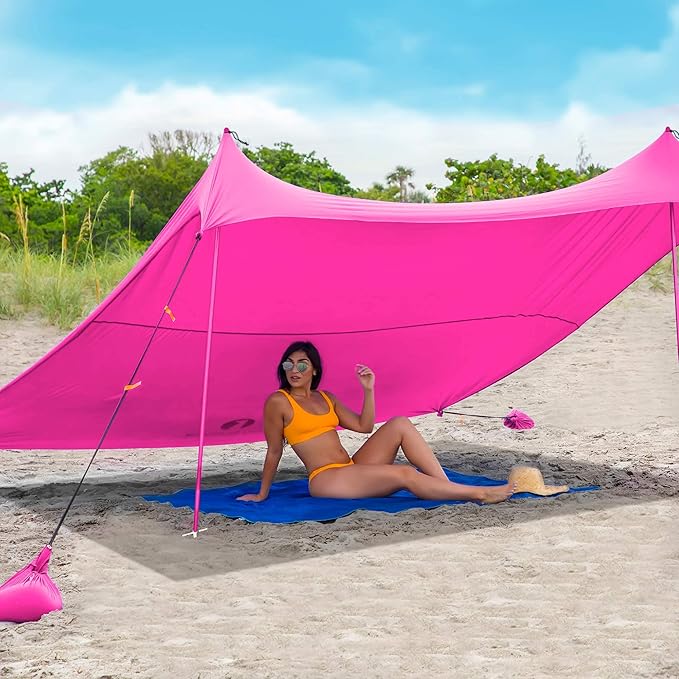 Red Suricata Family Beach Parasol - Sun Shade Canopy | UPF 50 UV Protection | Tent with 4 Aluminium Poles, 4 Pole Anchors, 4 Sandbag Anchors | Large & Portable Shelter Tarp