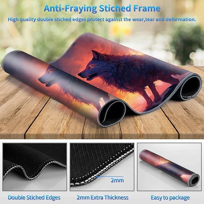 Playmat for MTG, 24 x 14 inches Game Play Mat for MTG TCG and Other Card Games, Trading Card Game Play Mat Desk Mats with Stitched Edges Non-Slip Base, Fire Wolf