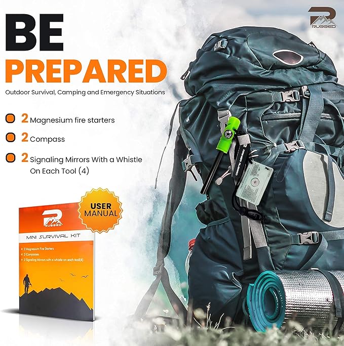 Rainier Rugged 5-in-1 Glow-in-The-Dark Fire Starters Kits with Compass, Signal Mirrors, Whistles -Magnesium Ferro Rods - Compact Portable Hiking, Camping, Trekking,Emergency Survival Rescue