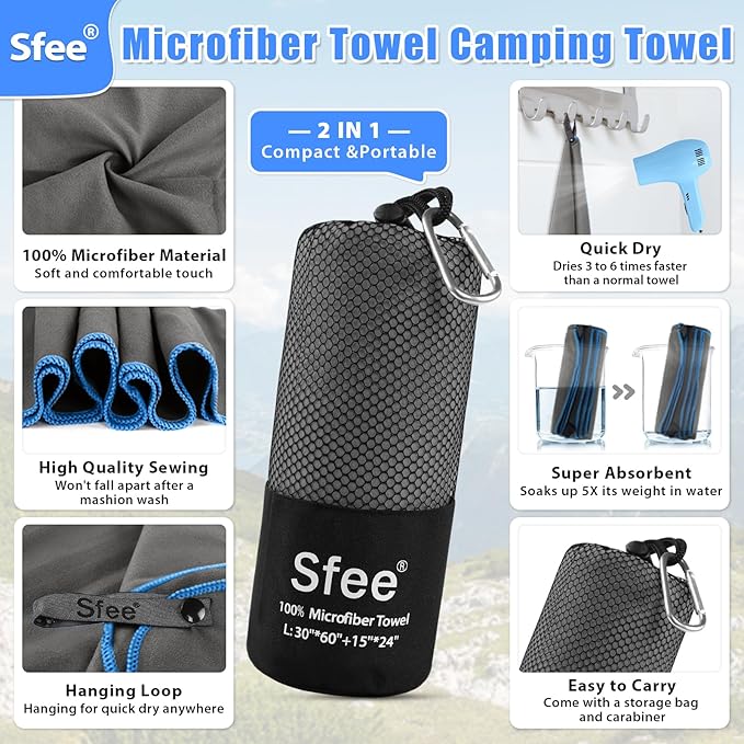 Sfee 2 Pack Microfiber Travel Towel, Quick Dry Towel Camping Towel Super Absorbent Compact Lightweight Sports Towel Swim Gym Towels Beach Towel Set for Gym, Hiking, Pool, Backpacking, Bath, Yoga
