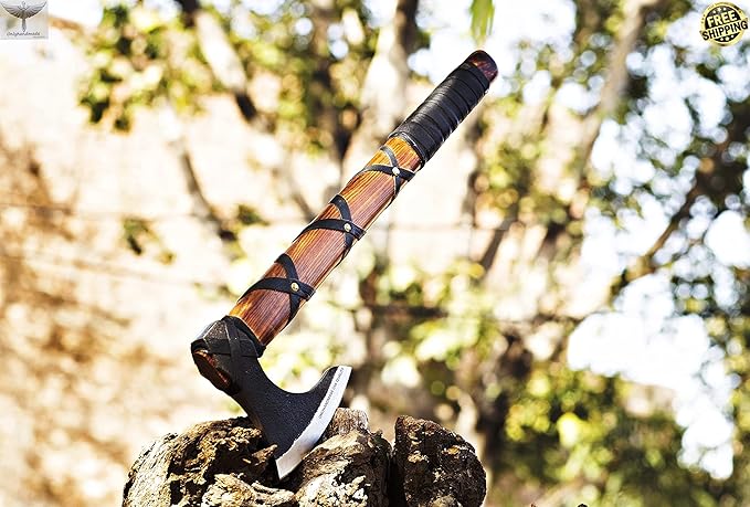Custom Gift Forged Carbon Steel Viking Axe with Rose Wood Shaft, Viking Bearded Camping Axe & Hatchet, Birthday Gift for Him, Ragnar Axe, axis (Ragnar)