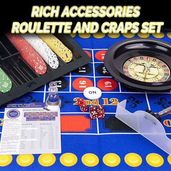 5 in 1 Super Casino Game Set: Blackjack/Roulette/Craps/Texas Hold'em/Poker Kit with Shoe+Discard Tray+360 Chip+8 Deck Card+Roulette Wheel+2 Felt+Stratedgy Card+Chip Rake, Casino Poker Set