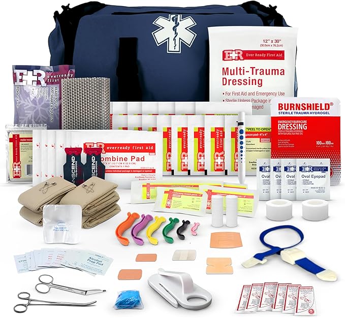 First Responder Trauma First Aid Kit Bag ??Fully Stocked Emergency Medical Kit for Workplace, Vehicle & Home ??OSHA & ANSI Compliant ??Portable ??Blue
