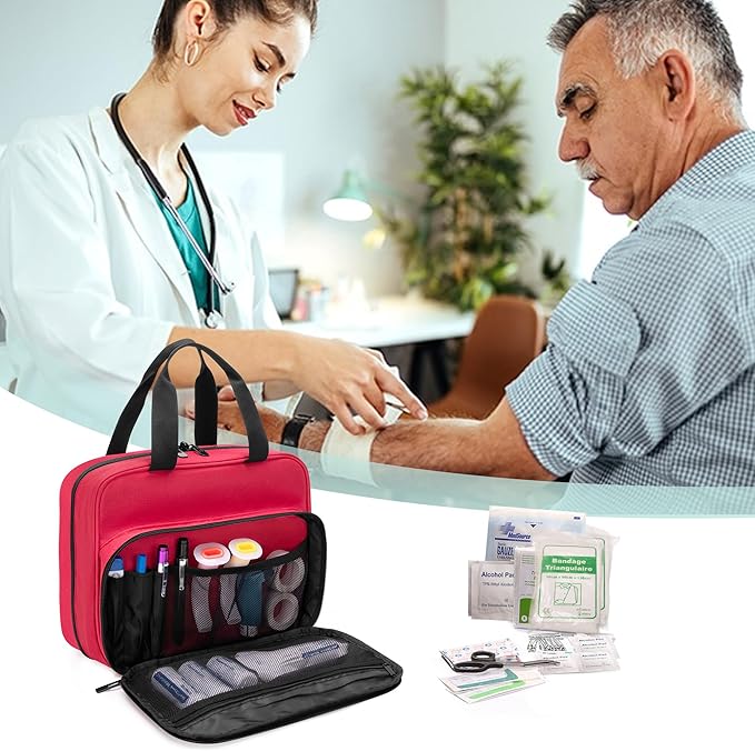CURMIO Medical Storage Bag, Empty Emergency Kit Bag with Multiple Pockets, Portable First Aid Kit for Home Health Care Supplies, Travel, Camping, Red, Bag Only