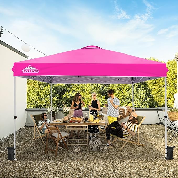 EAGLE PEAK Pop Up Canopy Tent with Wheeled Carry Bag, 8 Stakes, 4 Ropes, 4 Weight Bags, Easy Set Up Tent Canopy, 12x12 ft, 144sqft of Shade, Pink