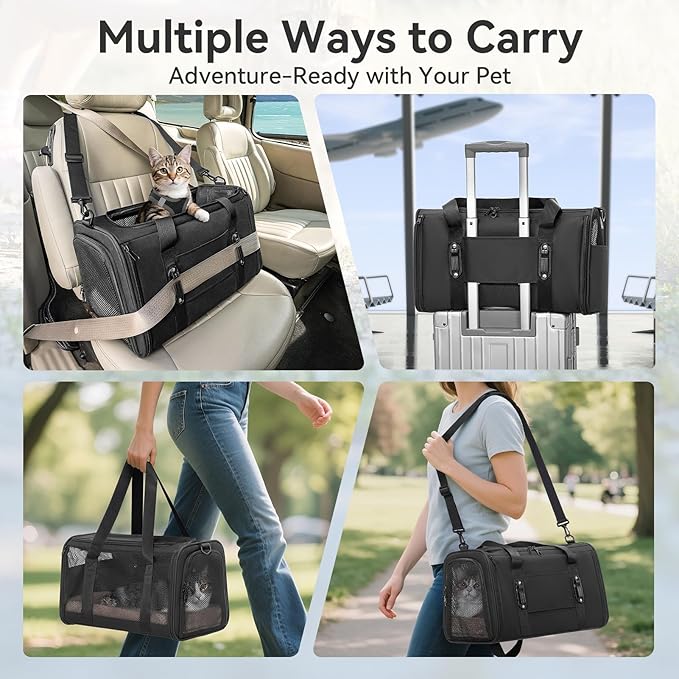 PETSFIT Cat Car Carrier for Small/Medium Cats Dogs, 18"x11"x11" Airline Approved Cat Carrier, with Patent Safety Buckles and Escape-Proof Zipper - Safeguarding Car Travel, Airplane, Vet, Outdoor