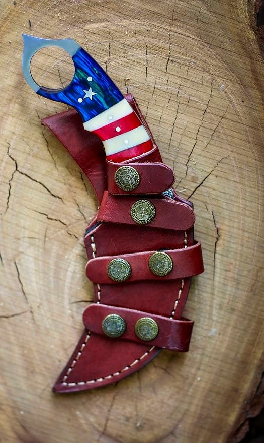 Custom Handmade Damascus Steel Hunting Knife with Sheath | 7.5'??EDC Fixed Blade Hunting Skinning Knives For Men and Women Demasticus Camping Survival Belt Knifes For Horizontal Carry with American Flag Handle