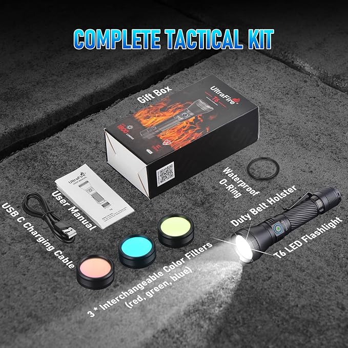 ULTRAFIRE 1800 Lumen LED Flashlight ??4 Color Tactical Light (Red/Green/Blue/White, 4 Modes, Dual Switch, 1804ft Throw, IPX8 Waterproof, with USB-C Cable) ??Hunting & Camping Flashlight T6