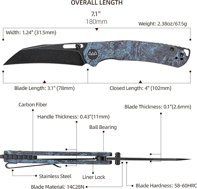 Folding Pocket Knife, 3.1" Stonewash Blade EDC Knife with Safety Liner Lock, Small Pocket Knife with Clip for Men, Sharp Camping Hiking Hunting Survival Knives