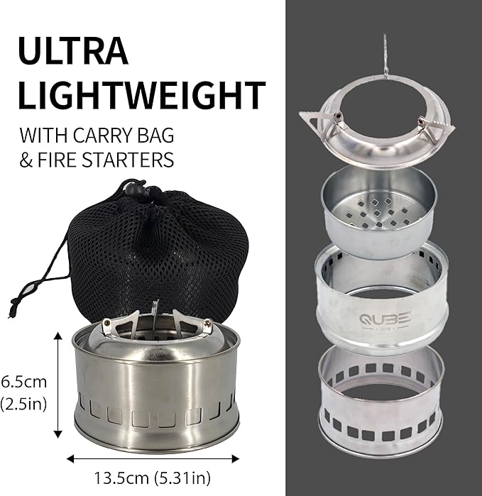 Portable Camping Stove with 3 Fire Starters ??Stainless Steel Wood Burning Mini Camp Stove, Foldable with Carry Bag, for Backpacking, Hiking, Traveling, Emergency, Outdoor BBQ, and Picnic