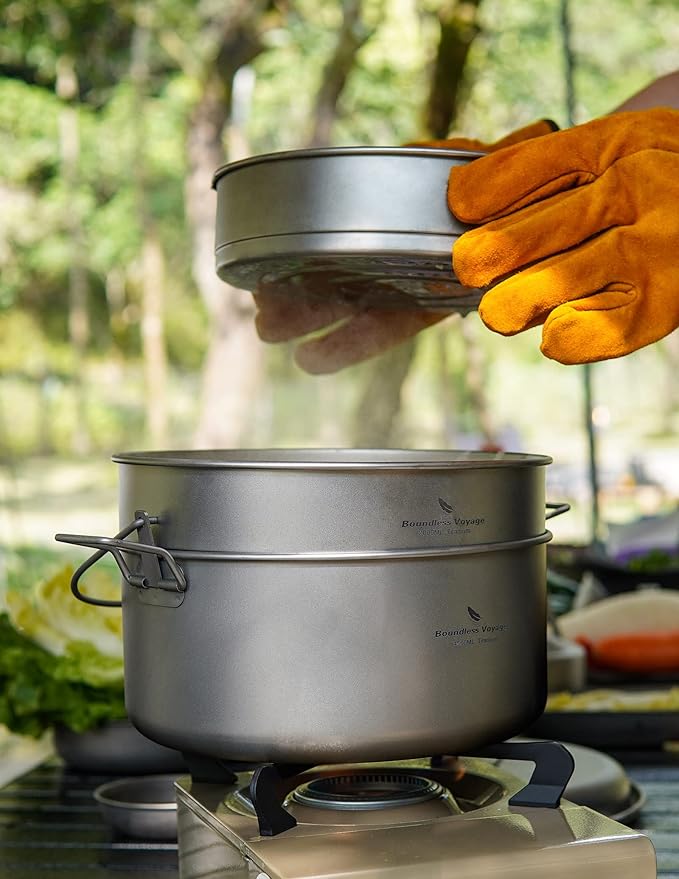 Boundless Voyage Titanium 4.5L Hanging Pot with Steaming Rack Folding Handle Outdoor Camping Cooking Stockpot Steamer Set