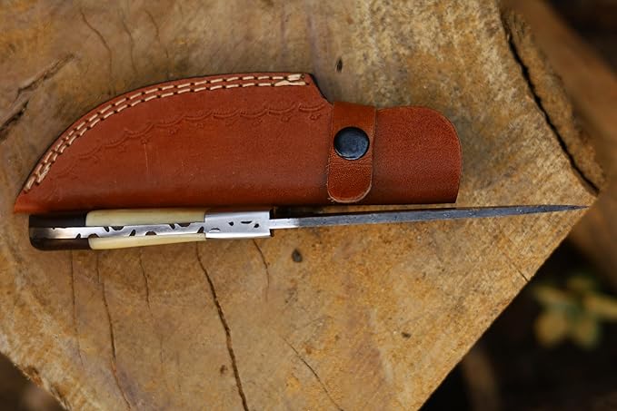 Fixed Blade Hunting Knife With Camel Bone Handle, Damascus Steel Sharp Blade, Full Tang - Leather Sheath for Outdoor Camping, Skinning, Hiking, Fishing, Bushcraft Survival (Bone Handle)
