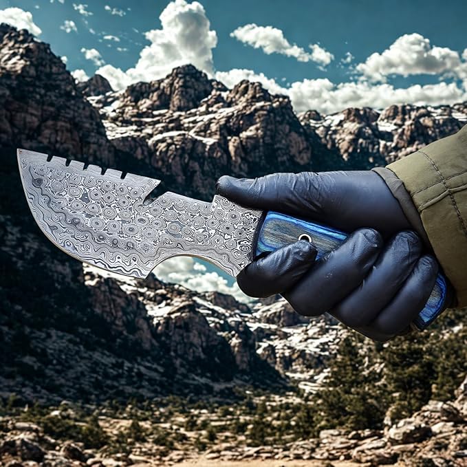 9.5" Handmade Damascus Knife with Leather Sheath | Ultimate Outdoor Ally | Damascus Steel Blade with Blue Micarta Handle | Blue Handle with Sheath Included | Unrivaled Camping Excellence