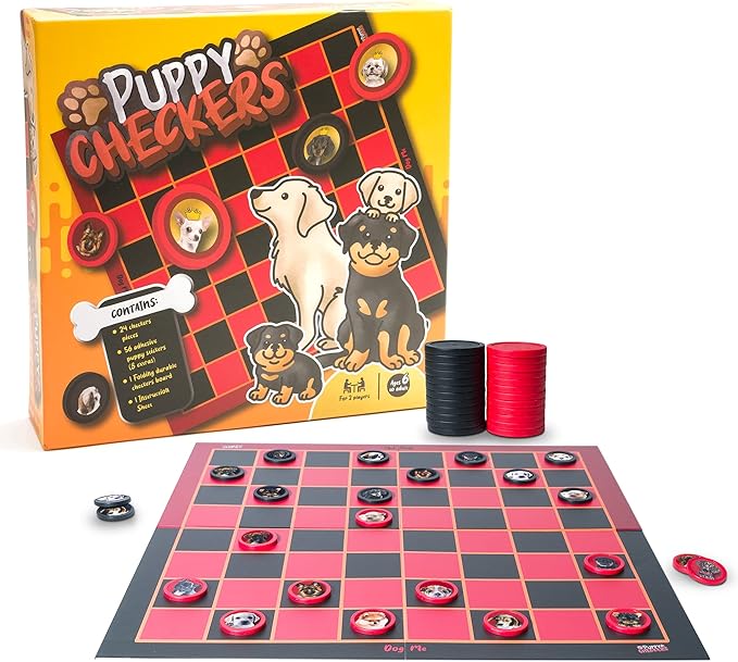 Puppy Checkers Board Game for Kids 8-12 and 4-8 with 56 Adhesive Dog Stickers - Great Learning Game for Game Night