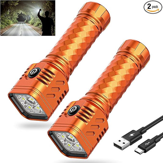 LED Flahlight High Lumens,2 Pack Rechargeable Metal Flashlights Waterproof, Super Bright Flash Light for Camping Hiking Outdoor Home Emergency, Camping Essentials Gear