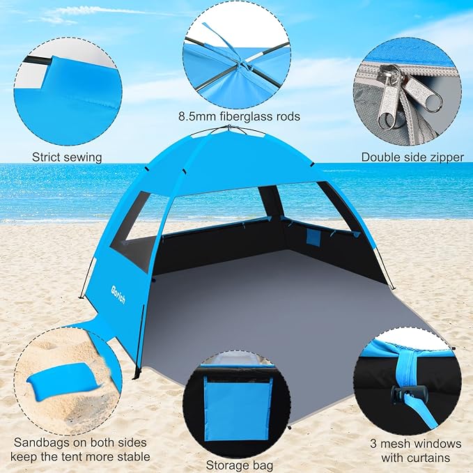 Gorich Beach Tent Sun Shelter for 3/4-5/6-7/8-10 Person with UPF 50ï¼?UV Protection, Lightweight & Easy Setup Beach Shade Canopy, Portable Beach Shade Tent Beach Cabana