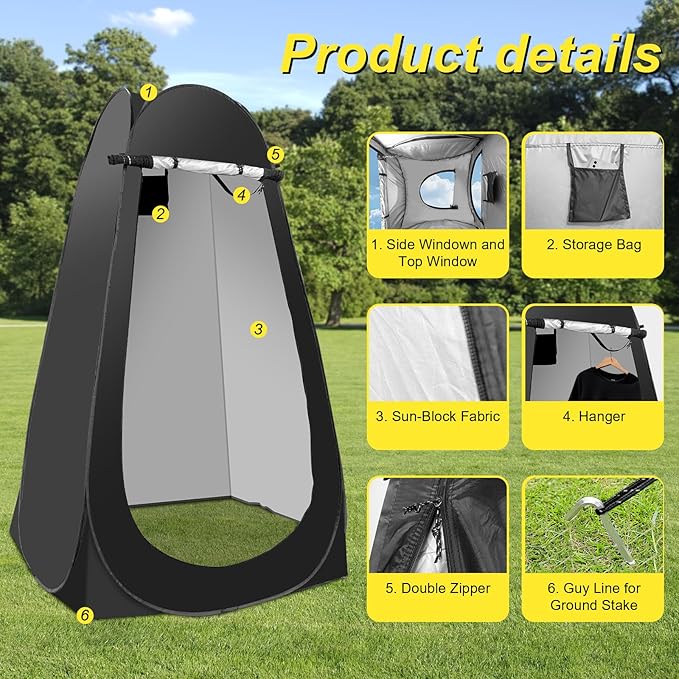 Pop Up Shower Tent for Camping, Portable Outdoor Privacy Shower Tent with 6000mAh Rechargeable Shower