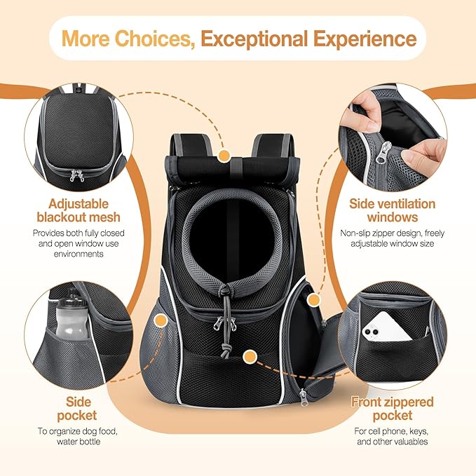YUDODO Dog Front Carrier Backpack with Sunshade Hood, 2 Head-Out (Front & Side) Breathable Pet Carrier for Small Dogs, Ventilated Lightweight Doggy Backpack for Hiking Outdoor (Upgraded – Black, M)
